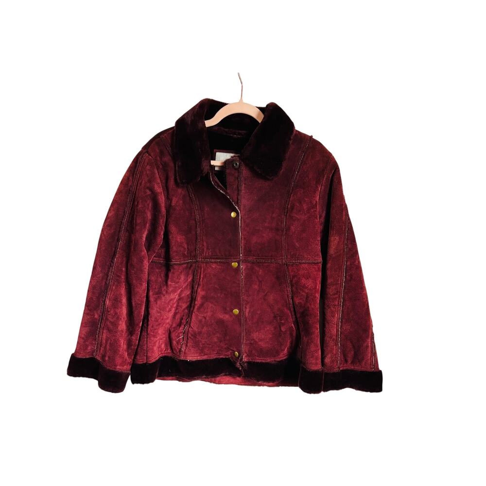 Vintage 90s Womens Wilsons Maxima Sherpa Suede Leather Brown Burgundy Coat XL‎